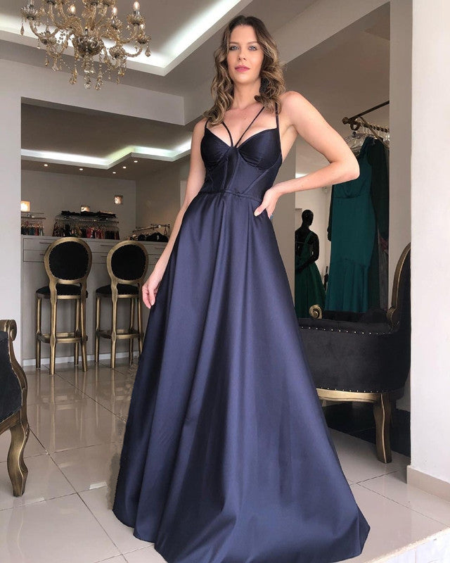 Navy Blue Satin Prom Dresses