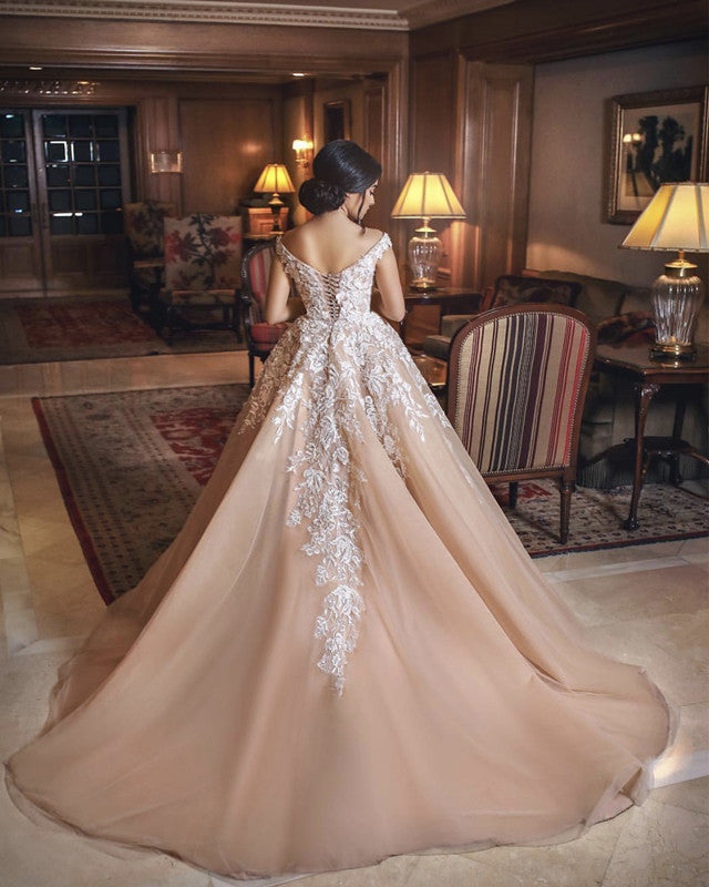 Non-Traditional Wedding Dresses Champagne Tulle With Ivory Lace – Lisposa