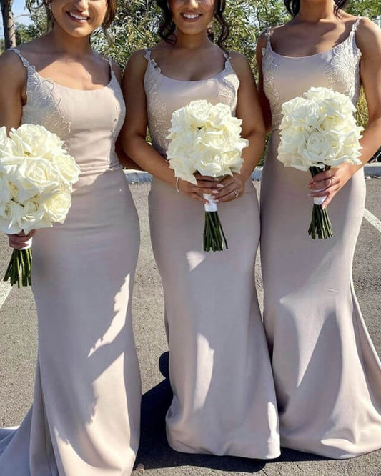 Mermaid Nude Satin Bridesmaid Dresses Applique