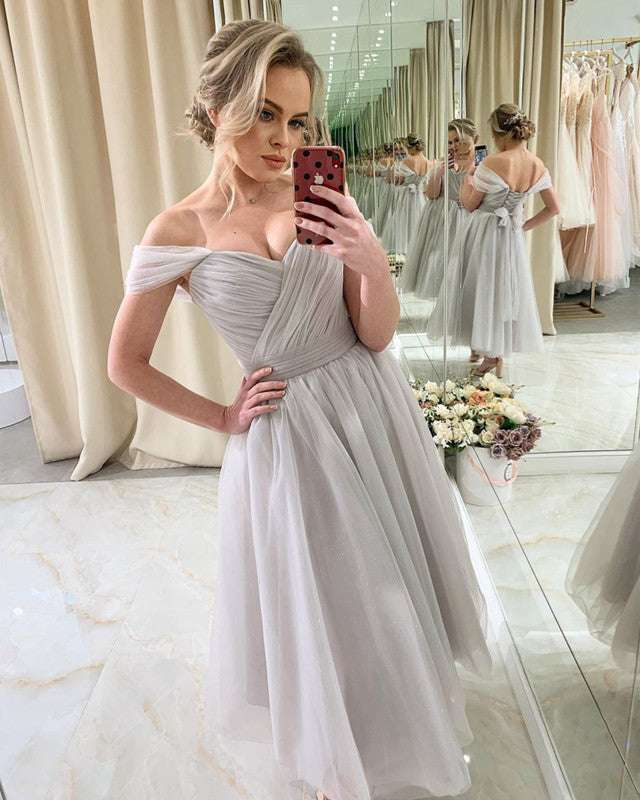 Tulle Pleated Off The Shoulder Ankle Length Dresses