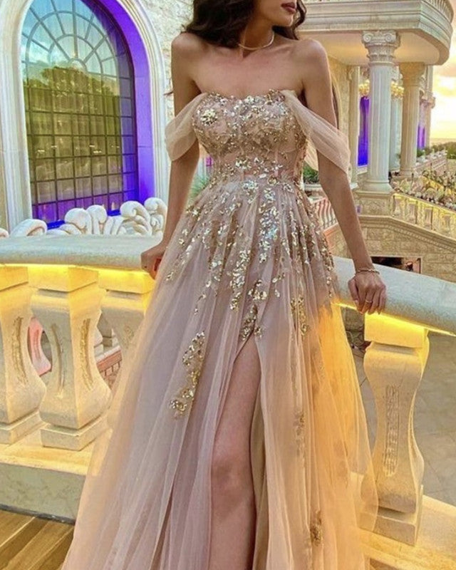 Tulle Corset Off The Shoulder Split Dresses Sequins Lace