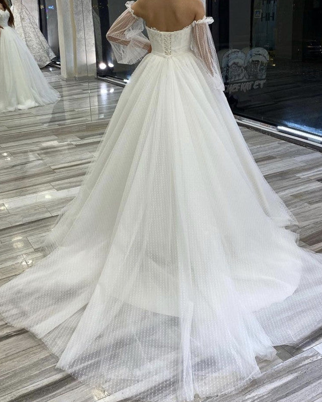 Off The Shoulder Tulle Wedding Dress With Sleeves