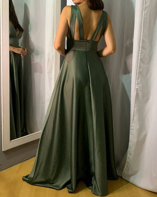 Long Satin V Neck Empire Bridesmaid Dresses