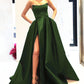 Long Strapless Satin Slit Dress With Pockets