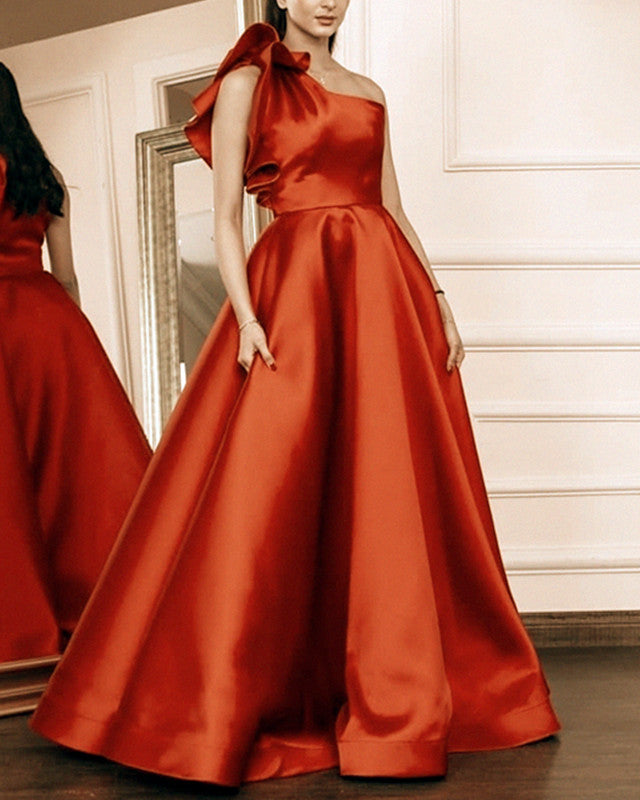 One Shoulder Satin Ball Gown Dresses With Bow