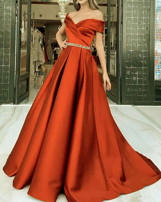 Off The Shoulder Satin Dresses Beaded Sashes