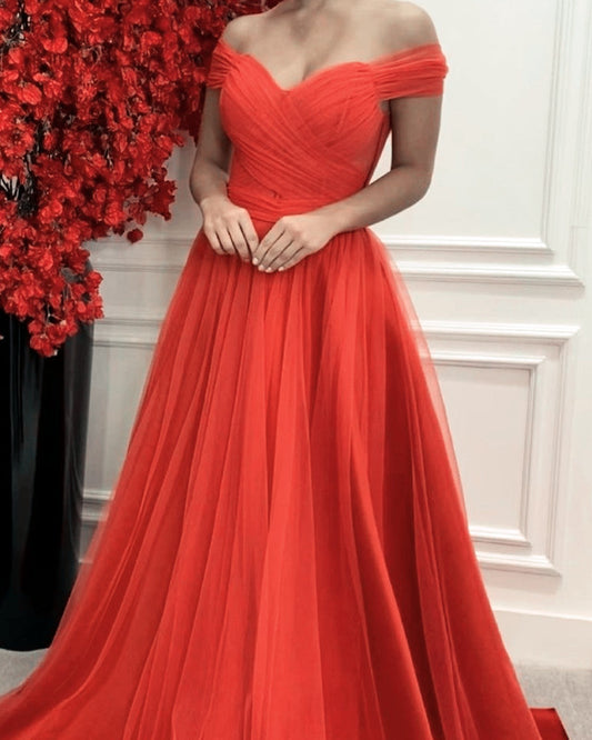 Pleated Tulle Off The Shoulder Dresses