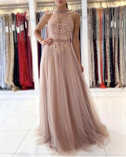 Tulle Halter Dresses Lace Appliques