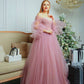 Dusty Pink Boho Wedding Dresses Tulle Long Sleeves Off The Shoulder