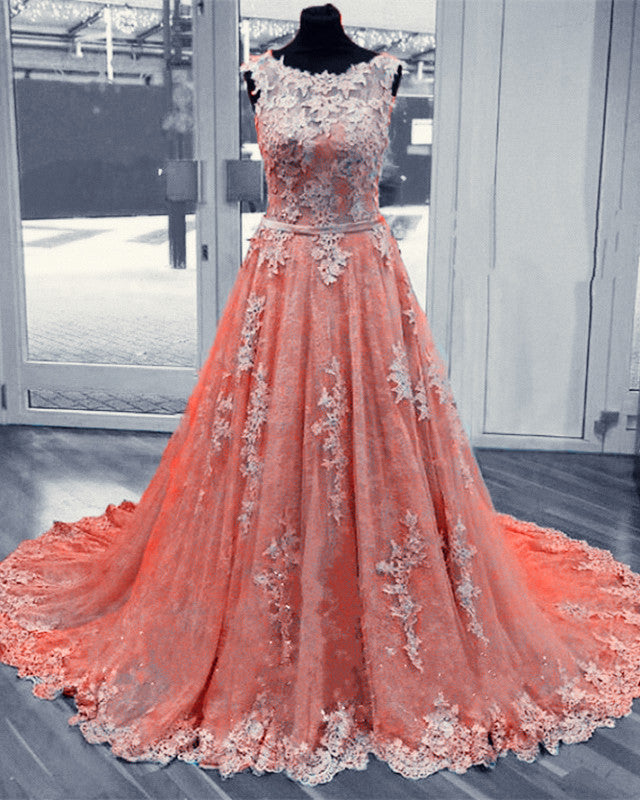 Peach Lace Prom Dresses