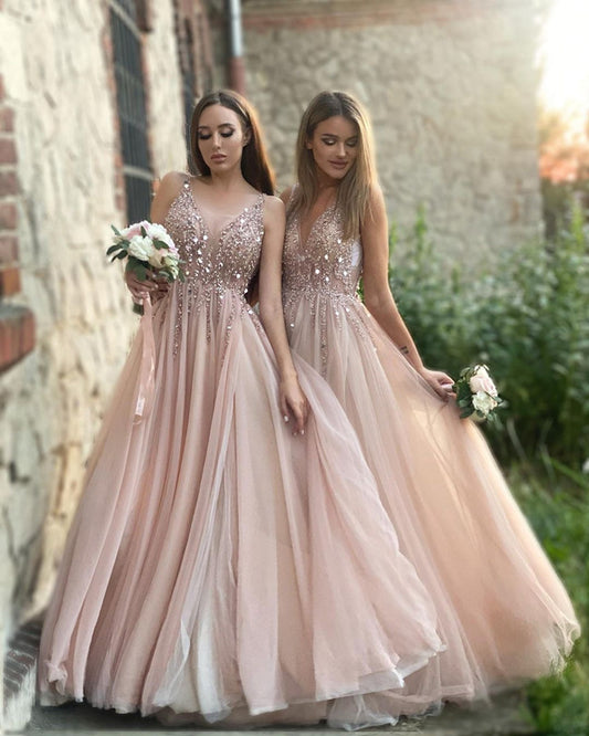 Tulle Bridesmaid Dresses V Neck Split Sequins Beaded