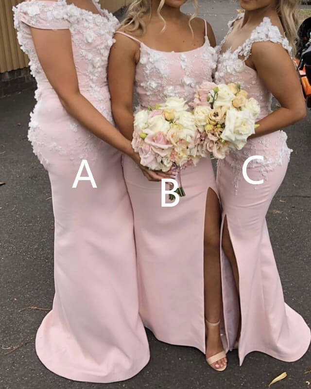 Mermaid Pink Bridesmaid Dresses With Ivory Flowers