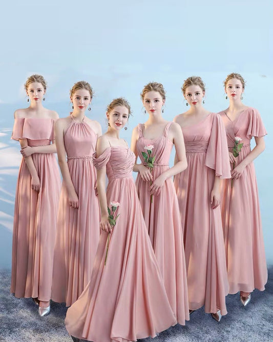 Pink Boho Bridesmaid Dresses Chiffon Mismatched