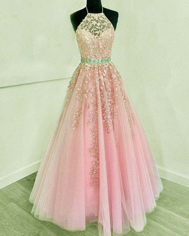 Halter Prom Dresses Tulle Ball Gown Appliques