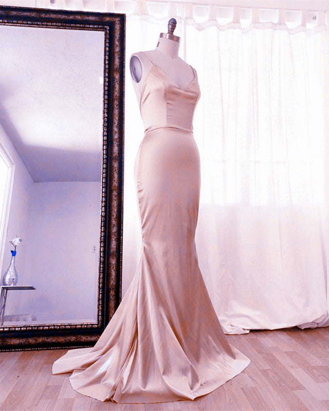 Mermaid V Neck Satin Spaghetti Straps Dresses