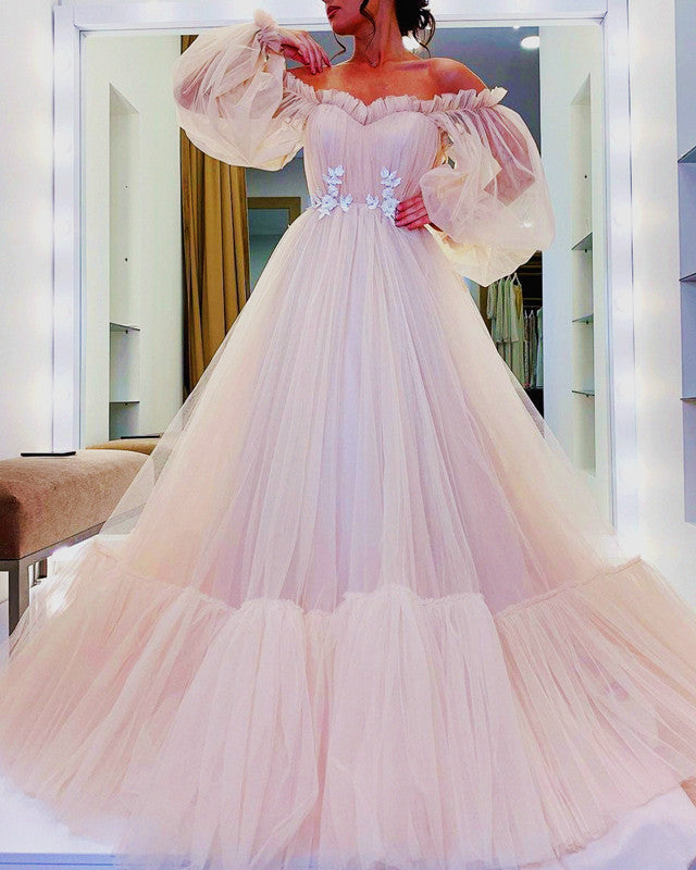 Tulle Princess Prom Dresses Puffy Sleeves Ruffles – Lisposa