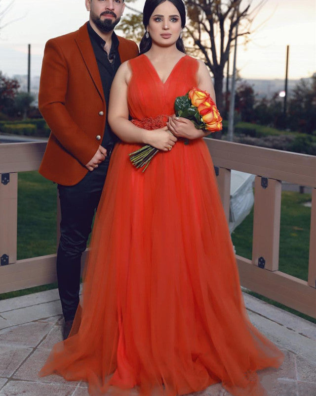 Plus Size Orange Bridesmaid Dresses V Neck Empire Waist