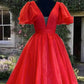 Red Puffy Sleeve Ball Gown V-neck Dress