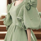 Modest Sage Satin Puffy Sleeve Dress With Bow