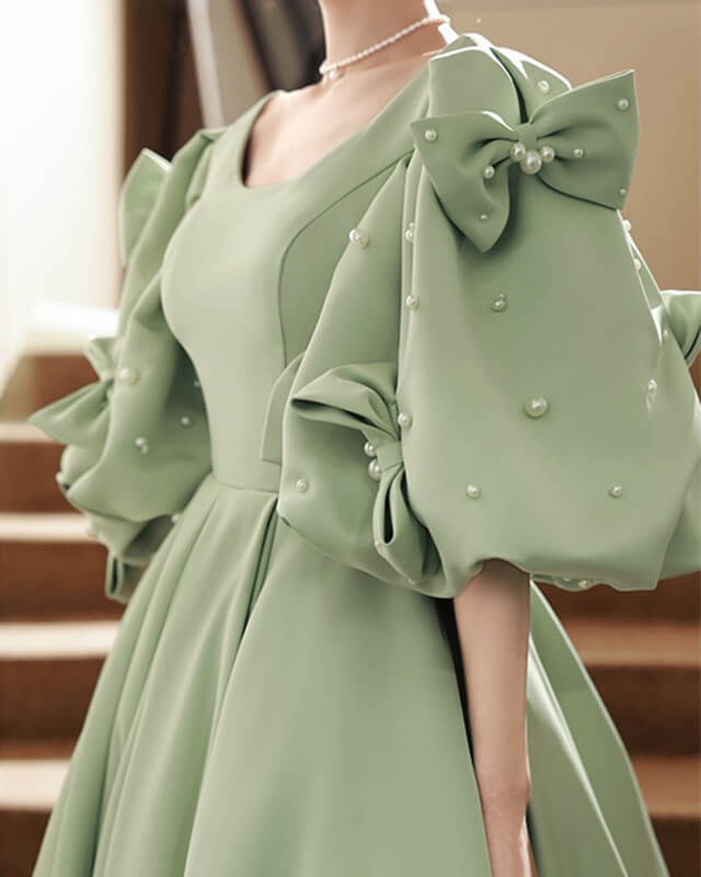 Modest Sage Satin Puffy Sleeve Dress With Bow