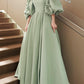 Modest Sage Satin Puffy Sleeve Dress With Bow