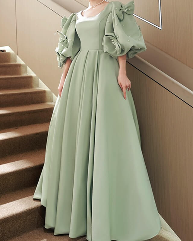 Modest Sage Satin Puffy Sleeve Dress With Bow