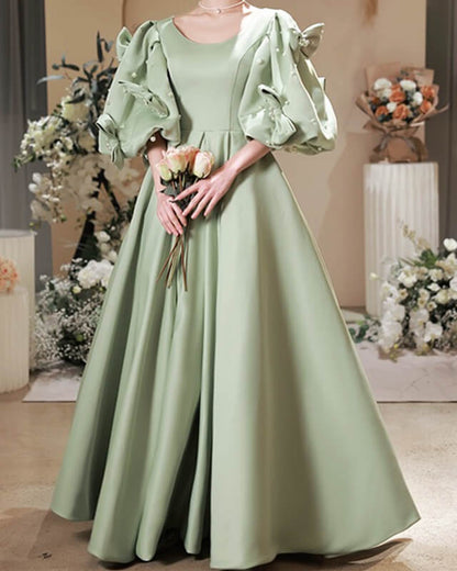 Modest Sage Satin Puffy Sleeve Dress With Bow Lisposa Modest Sage Satin Puffy Sleeve Dress With Bow Lisposa