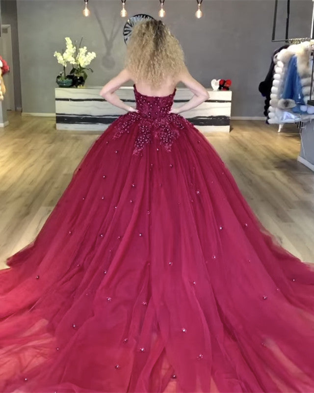 Burgundy Tulle Ball Gown Dresses