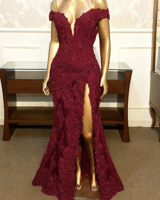 Burgundy Lace Mermaid Prom Dresses