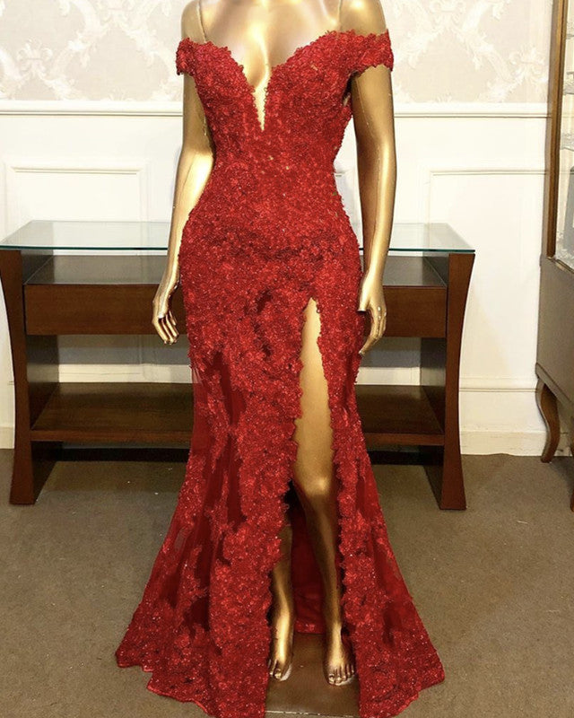Red Lace Mermaid Prom Dresses