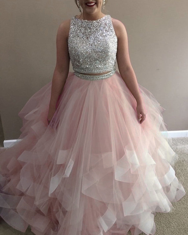 Two Piece Prom Dresses Sequins Beaded Top Ruffles Skirt Lisposa Two Piece Prom Dresses Sequins Beaded Top Ruffles Skirt Lisposa