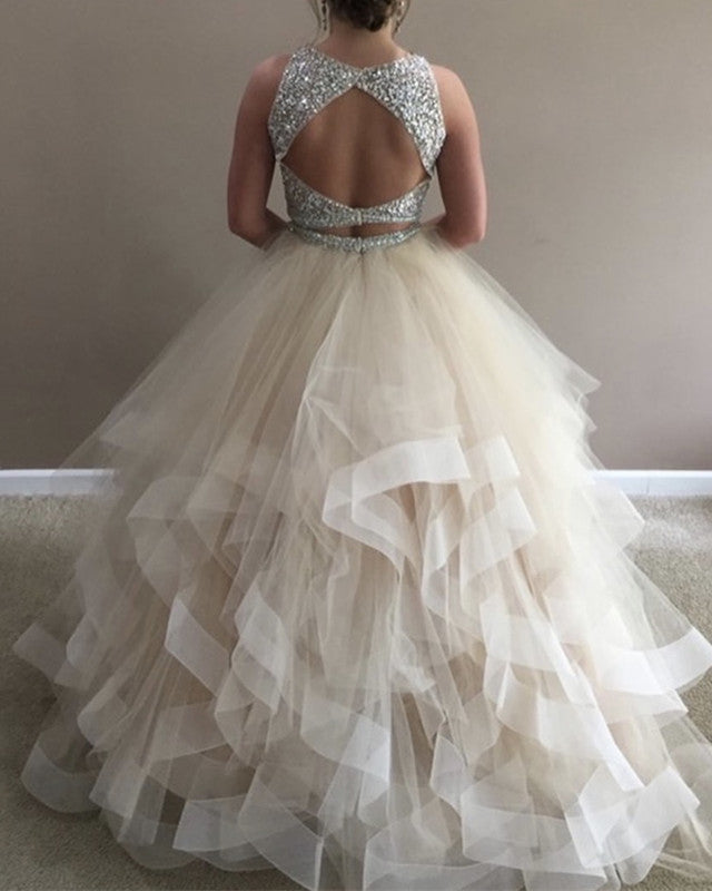 white two piece prom dress Two Piece Prom Dresses Sequins Beaded Top Ruffles Skirt – Lisposa