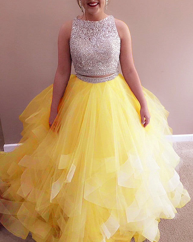 Two Piece Prom Dresses Sequins Beaded Top Ruffles Skirt – Lisposa