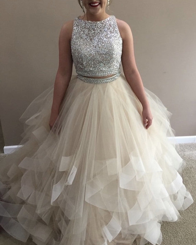 Two Piece Prom Dresses Sequins Beaded Top Ruffles Skirt Lisposa Two Piece Prom Dresses Sequins Beaded Top Ruffles Skirt Lisposa