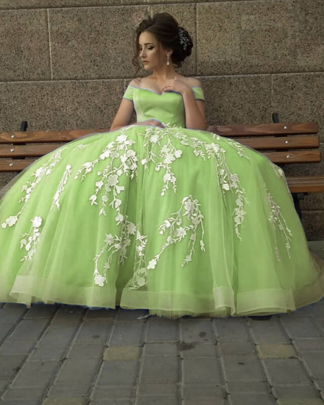 Ivory Lace Appliques Tulle Sage Ball Gown Dress