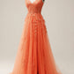 Orange A-line Tulle Split Dress With Lace Appliques