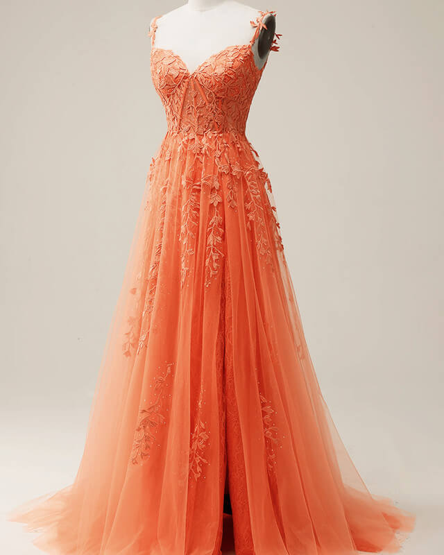 Orange A-line Tulle Split Dress With Lace Appliques