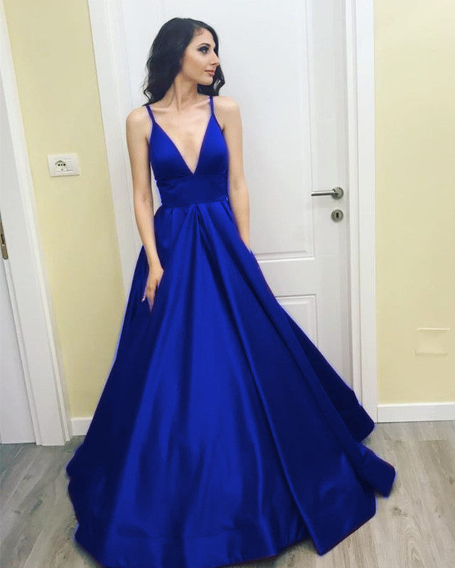 Royal Blue Prom Dresses Plunge Neck