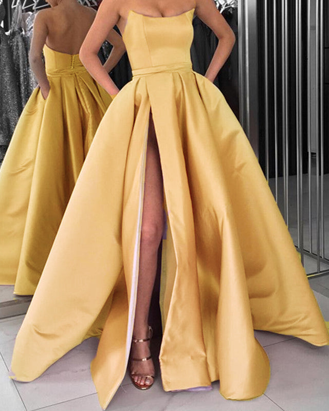 Sleeveless Satin Corset Formal Prom Dresses Split – Lisposa