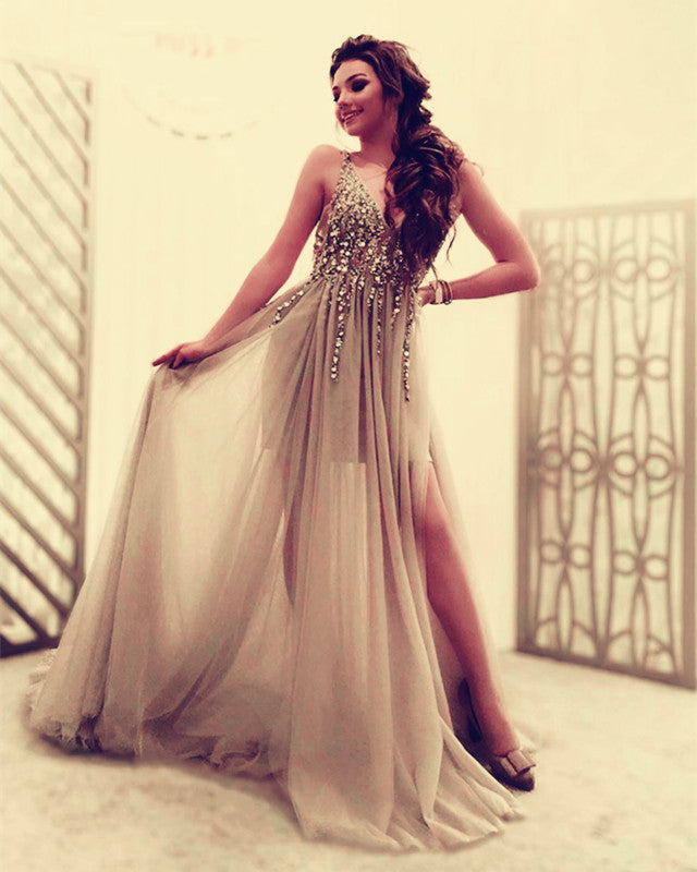 Tulle V Neck Split Prom Dresses With Sequins Beaded