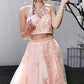 Two Piece Prom Dresses High Neck Lace Embroidery