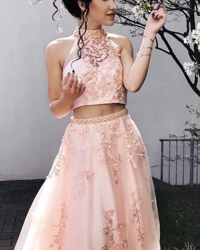 Two Piece Prom Dresses High Neck Lace Embroidery