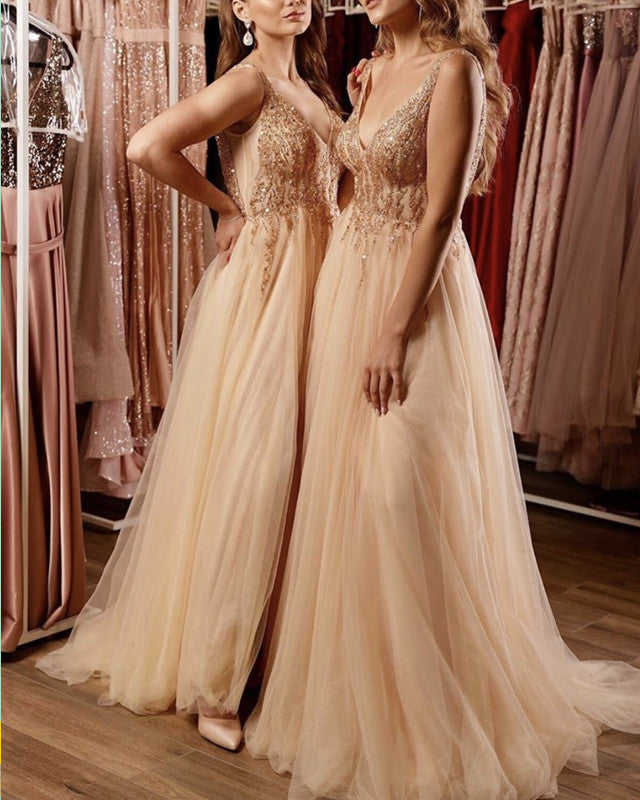 Tulle Empire Prom Dresses V Neck Sequin Beaded
