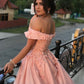 Tulle And Satin Prom Dresses Ball Gown 3D Lace Off Shoulder