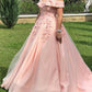 Tulle And Satin Prom Dresses Ball Gown 3D Lace Off Shoulder