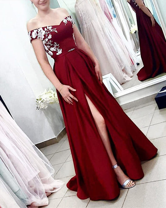 Long Split Prom Dresses Off Shoulder Lace Embroidery