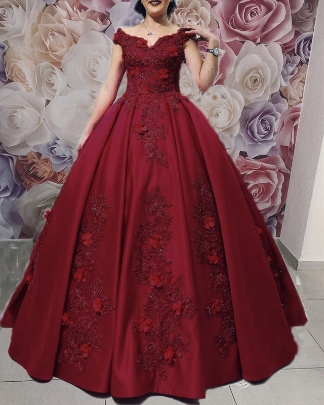 Ball Gown Quinceanera Dresses Lace Flowers Beaded Off Shoulder
