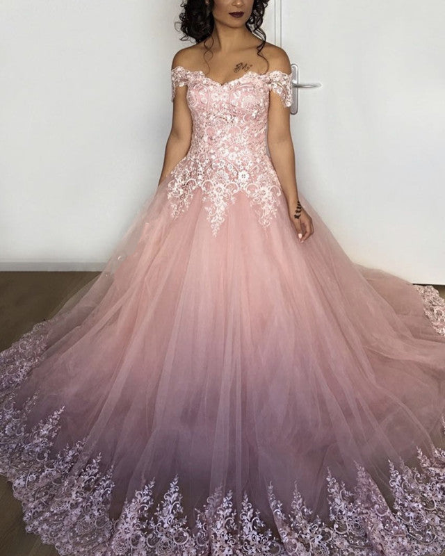 Off The Shoulder Prom Dresses Tulle Lace Appliques