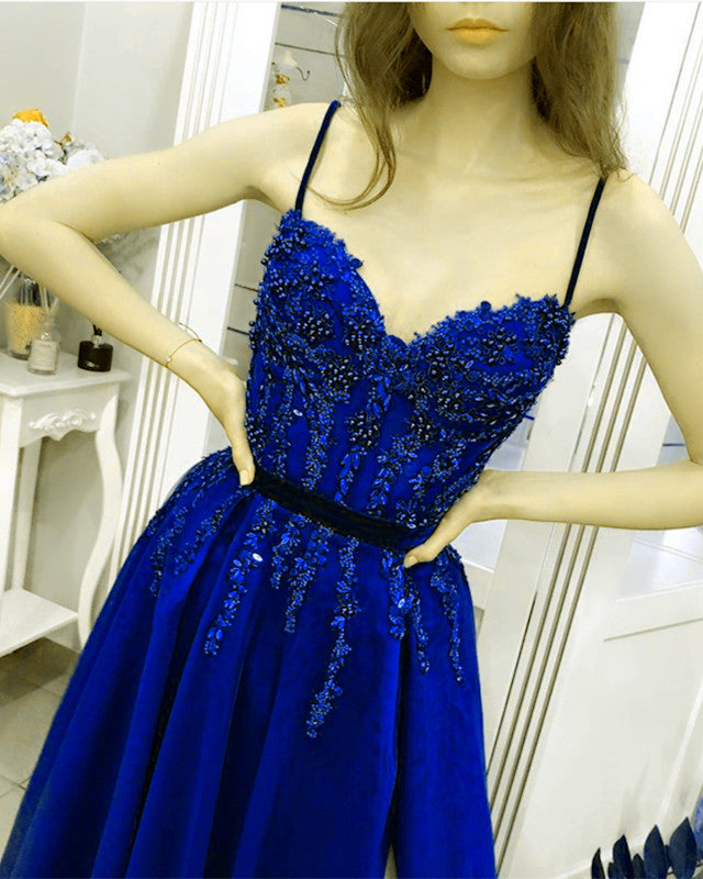 Tulle Split Prom Dresses Sweetheart Spaghetti Straps Lace Beaded