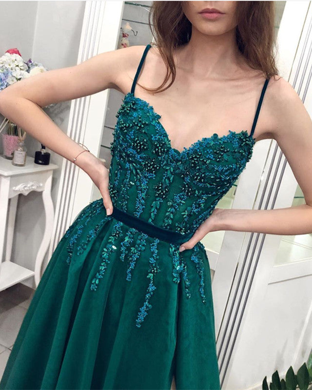 Tulle Split Prom Dresses Sweetheart Spaghetti Straps Lace Beaded